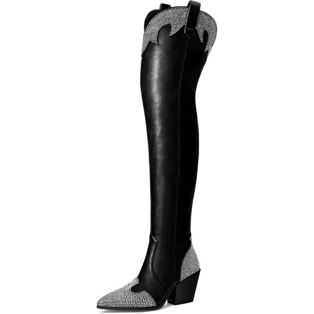 Women's Black Over The Knee Rhinestone Pointed Toe Chunky Heels Zipper Boots